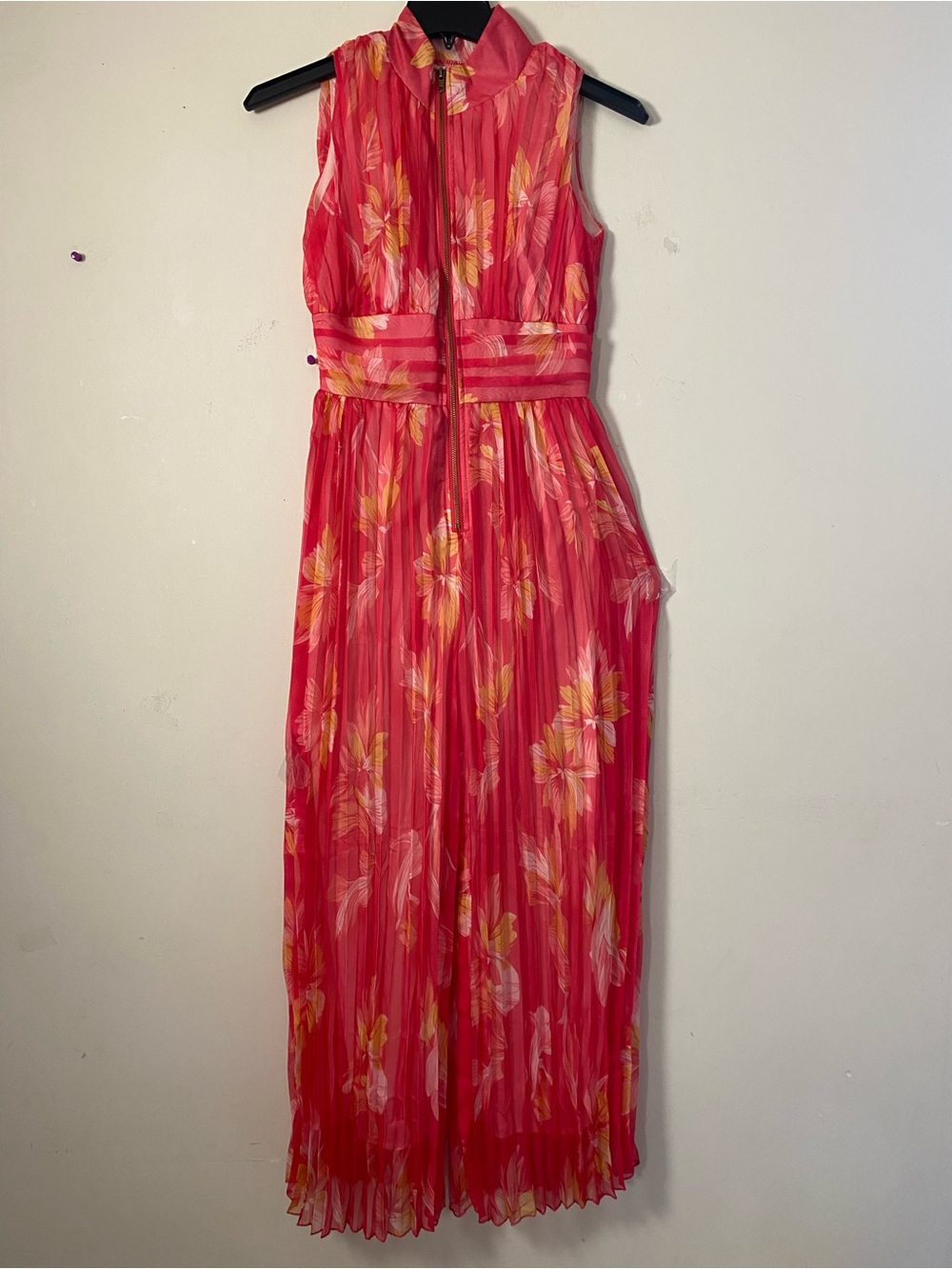 Bright Pink Floral Pleated Wide leg Jumpsuit